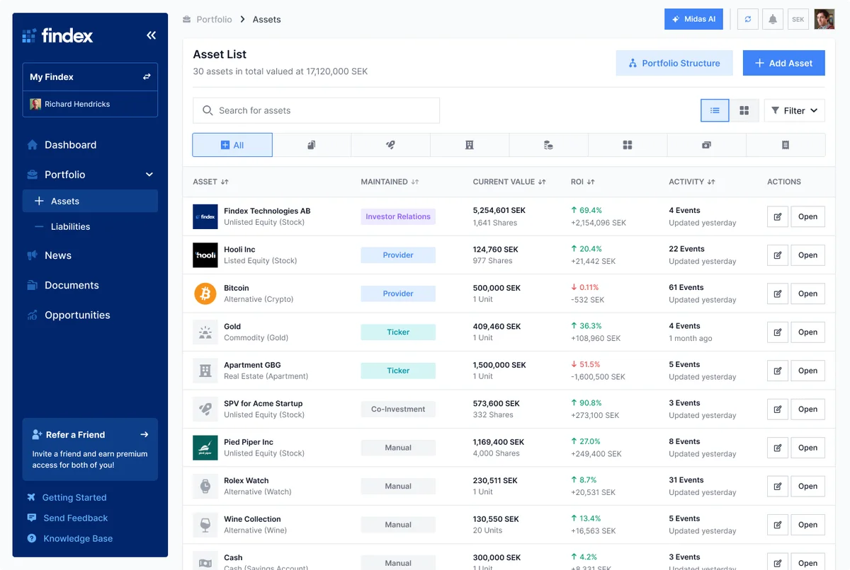Findex portfolio asset list showing multi-asset tracking and performance