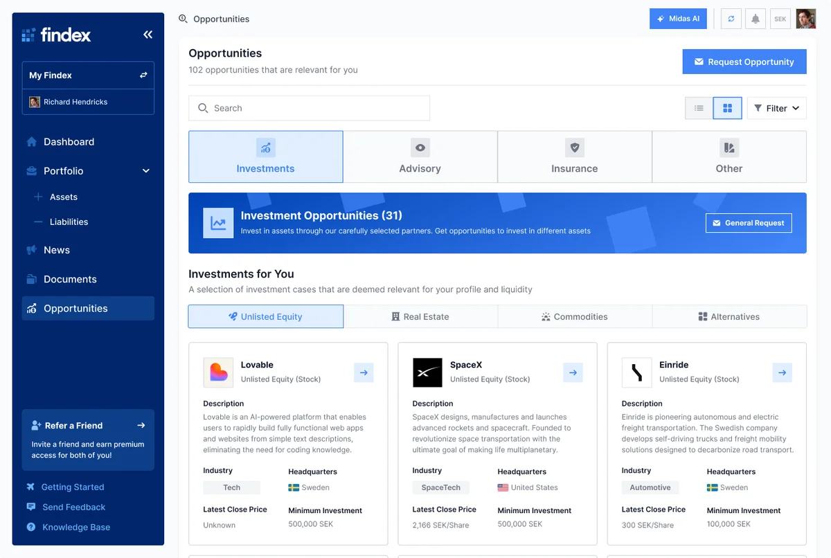 Findex opportunities marketplace showing investment deals and funding rounds